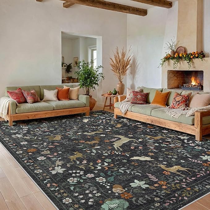 9x12 Area Rugs Washable Rug: Lagre Boho Living Room Rug Soft Non-Slip Thin Carpet Indoor Floor Non-Shedding Neutral Floral Carpets for Bedroom Dining Room Farmhouse Nursery Black