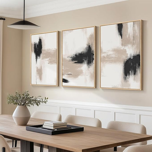 Large Framed Neutral Abstract Wall Art for Living Room, 3 Piece Modern Minimalist Canvas Prints Artwork for Walls, Extra Large Abstract Paintings for Dining Room Bedroom Hallway Wall Decor, 24x36 Inch