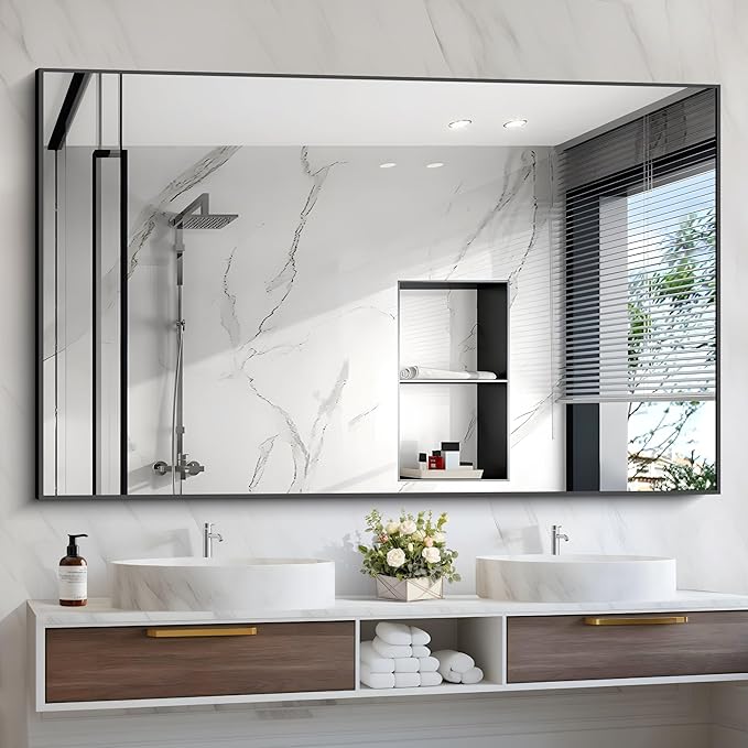 COFENY Black Bathroom Mirror, 48"X36" Rectangle Mirrors for Wall Metal Frame, Modern Vanity Wall Mirror for Bathroom Living Room, Entryway Hangs Horizontal or Vertical