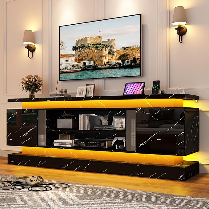 71" 2 LED Marble TV Stand for TVs 85 inch,High Gloss Gaming Tall Entertainment Center w/Power Outlet,6000-Colors LED Lights,Modern TV Media Console Table with 2 Cabinets for Living Room,Black Marble