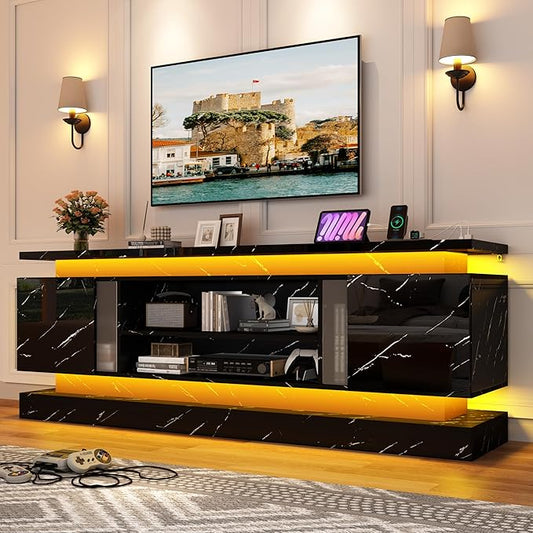 71" 2 LED Marble TV Stand for TVs 85 inch,High Gloss Gaming Tall Entertainment Center w/Power Outlet,6000-Colors LED Lights,Modern TV Media Console Table with 2 Cabinets for Living Room,Black Marble