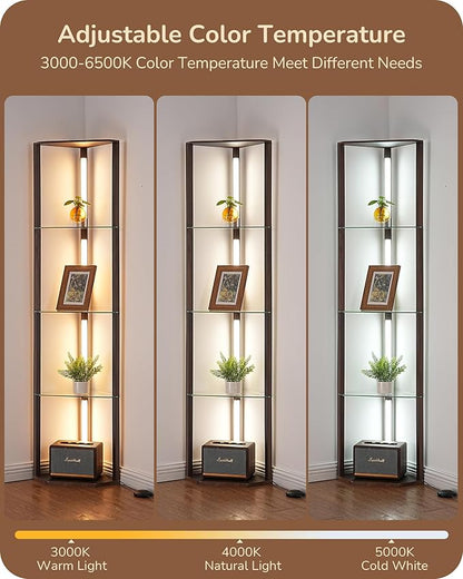 EDISHINE Floor Lamp with Shelves, 5-Tier Glass Display Shelf with Remote/Foot Control, 5CCT & Dimmable Corner Shelf Lamp, Open Display Cabinet, Floor Lamps for Living Room, Bedroom, Walnut Color