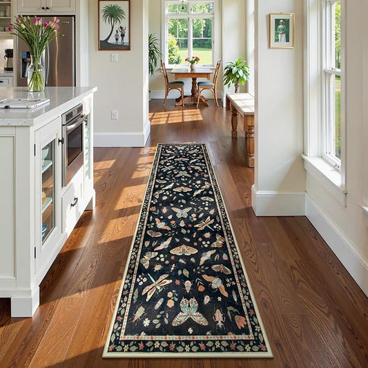 Lahome Insect Hallway Runner Rug, 2'5''x8' Ultra-Thin Washable Runners for Hallways Kitchen, Soft Laundry Room Rug Non-Slip Long Carpet for Entryway Bedroom Bathroom Vionnet, Black