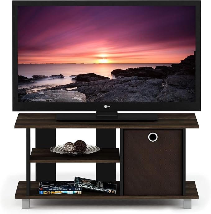 Furinno SIMPLISTIC TV Stand, 3-Tier Entertainment Center, Open Shelf TV Console for TV up to 33 Inch with Bin Drawers, for Living Room, Bedroom, Columbia Walnut