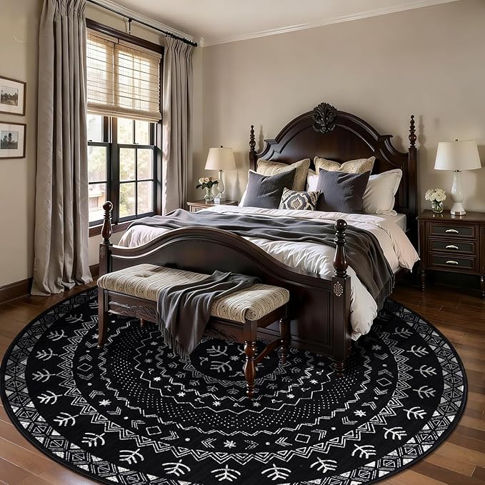 SERISSA Round Area Rug, 8ft Washable Non-Slip Black and White Boho Circle Rug, Soft Low-Pile Geometric Indoor Large Circular Carpet for Bedroom Entryway Living Room Dining Room