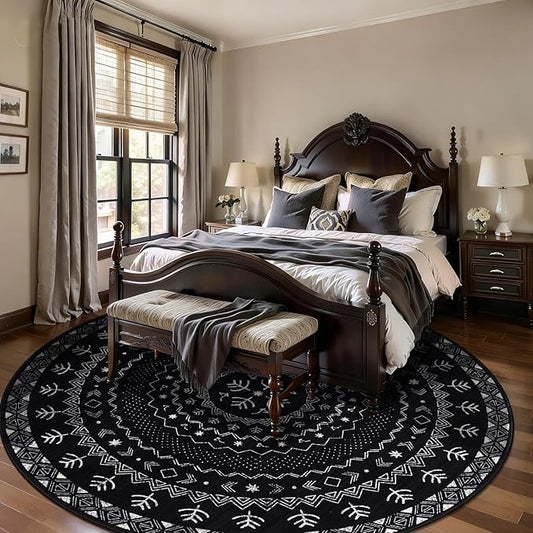 SERISSA Round Area Rug, 8ft Washable Non-Slip Black and White Boho Circle Rug, Soft Low-Pile Geometric Indoor Large Circular Carpet for Bedroom Entryway Living Room Dining Room
