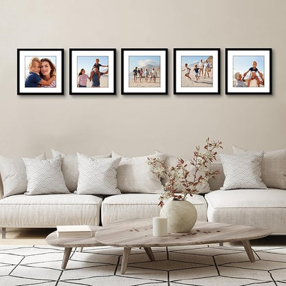 Americanflat 12x12 Picture Frame with Polished Plexiglass - Set of 5 - Use as 9x9 Frame with Mat or Display 12x12 Photo Without Mat - Galleria Collection - Square Frames for Wall Display - Black