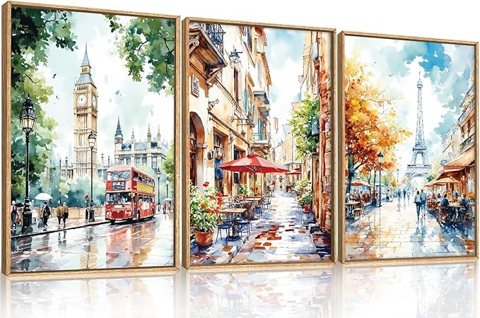 Watercolor European Cityscape Framed Canvas Wall Art Set,London Big Ben & Paris Eiffel Tower Street Scenery Wall Decor,Charming Landscape Artwork for Living Room, Bedroom,Office-24 x36 x3