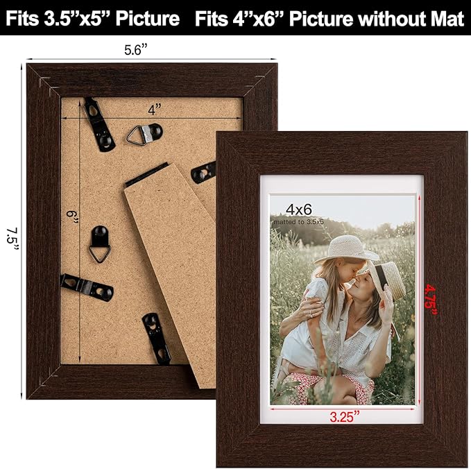 Momentworth 4x6 Picture Frame with Mat for 3.5x5, Walnut Wood Grain Dark Brown Gallery Wall Picture Frames for Tabletop or Wall Mounting(4 Pack, Walnut)