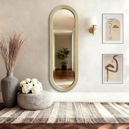 WAMIRRO Gold Oblong Wood Mirror, 47X16 Inch Hand Carved Solid Wood Capsule Frame Oval Mirror for Wall Mount, Farmhouse Boho Decor for Living Room, Bathroom, Bedroom, Hallway & Entryway