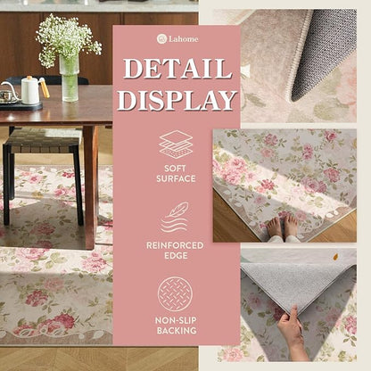Lahome Vintage Floral 8x10 Area Rugs,Soft Living Room Rugs Boho Large Area Rug Machine Washable, Low Pile Pink Rugs for Bedroom Girls Carpet for Nursery Rug Playroom Dining Room Nina(8'X10',Beige)