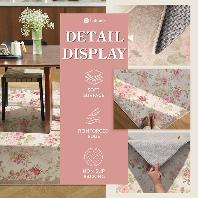 Lahome Washable Area Rug 6x9,Nursery Rug Girl Living Room Rug 6x9, Vintage Girls Rugs for Bedroom Ultra-Thin Non Slip Carpet for Playroom Dining Room Dorm Nina (6'X9',Beige)