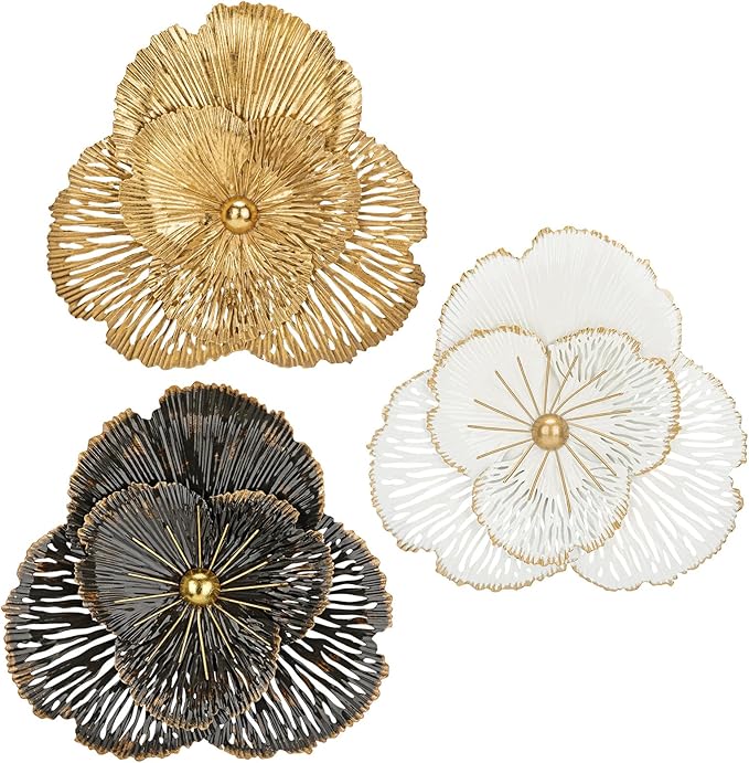DILATATA 3 Pcs Metal Flower Wall Art Set 10 Inch Rustic Modern Floral Sculpture 3D Metal Flower Wall Hanging Accent for Indoor Living Room Bedroom Kitchen Bathroom Garden Patio Decor - Mixcolor