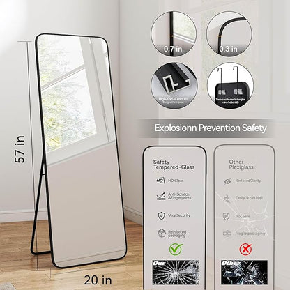 SCWF-GZ 57x20 Door Hanging Full Length Mirror, Floor Stand (Height 5.7ft just Body in1.3ft) Wall Mounted Metal Frame Rectangle Dressing Mirrors for Bedroom Living Room 57 inch Black