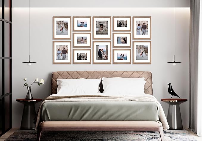 VELISTA 12 Piece Rectangle Gallery Wall Frame Set - Rustic Photo Frame Set with Mat 8x10/11x14" - Picture Frame Set for Wall Collage made of Engineered Wood – Farmhouse Assorted Picture Frames (Walnut)
