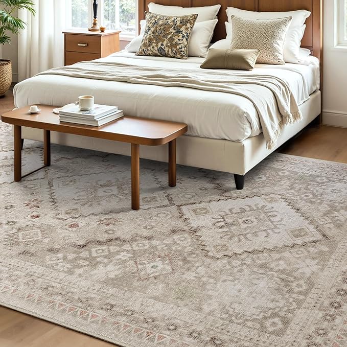 YOH Boho Washable Rug 8x10, Beige Grey Vintage Non Slip Area Rug, Distressed Indoor Carpet for Living Room Bedroom Kitchen Office