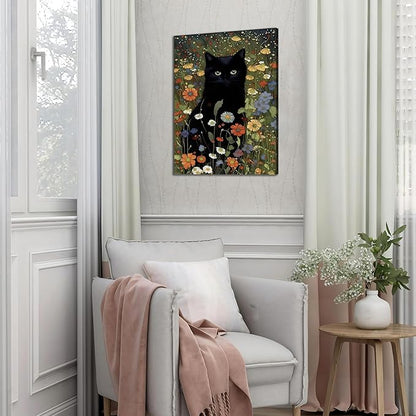 Framed Cat Canvas Wall Art, Funny Black Cat Picture Wall Decor, Animal In Garden Flowers Prints Poster for Bathroom Bedroom Living Room Gallery Decor 12x16 inch