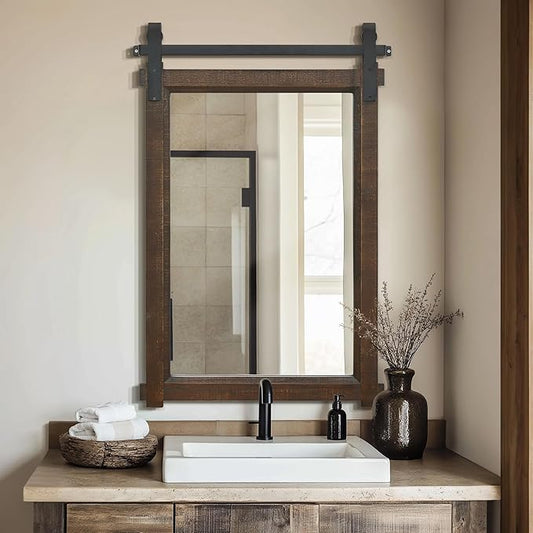 Besdomus Bathroom Rustic Wall Mirror: 24"x36" Brown Barn Door Farmhouse Solid Cedar Wood Frame - Wall Vanity Mirror for Bathroom/Entryway/Bedroom - Home Decor for Modern Farmhouse Enthusiasts