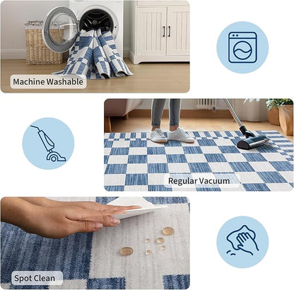 GarveeHome Dark Blue Checkered Rug 2x3 Washable Rug Non-Slip for Entryway, Soft Low-Pile Small Area Rugs,Neutral Modern Geometric Rugs for Kitchen