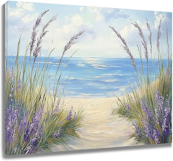LB Coastal Lavender Beach Wall Art Vintage Lavender Flower Butterfly with Inspirational Canvas Wall Art Rustic Wood Wall Decor for Bedroom Bathroom Living Room Framed Artwork Ready to Hang 16L x 20W