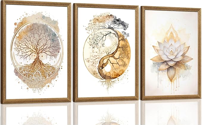 ICHZUMW Tree of Life Zen Canvas Wall Art, Yoga Room Wall Decor, Abstract Lotus Flower Yin Yang Taichi Paintings, Spiritual Pictures Prints Artwork, Living Room Bedroom Spa Meditation Space, 12x16in