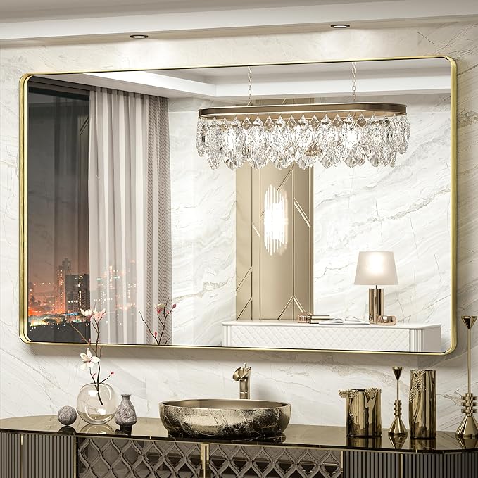 TokeShimi 60 x 36 Inch Brushed Gold Bathroom Vanity Mirror for Wall with Non-Rusting Aluminum Alloy Matte Metal Frame for Modern Farmhouse Home Decor (Horizontal/Vertical)