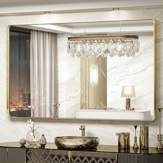 TokeShimi 60 x 36 Inch Brushed Gold Bathroom Vanity Mirror for Wall with Non-Rusting Aluminum Alloy Matte Metal Frame for Modern Farmhouse Home Decor (Horizontal/Vertical)