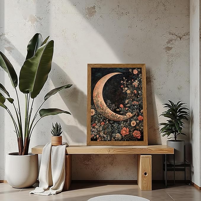 JLTULT Framed Vintage Floral and Moon Canvas Wall Art, Dark Mystical Celestial Floral Wall Decor, William Morris Gothic Prints Artwork for Bedroom Living Room Office Decoration 16x24 in Easy to Hang
