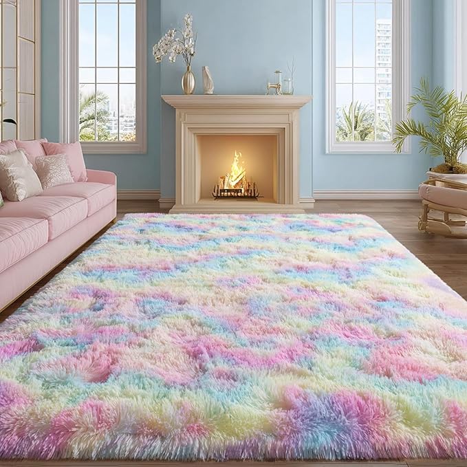 qulint 9x12 Area Rug for Bedroom, Large Soft Shaggy Rugs for Living Room, Fluffy Plush Rainbow Rug, Modern Colorful Carpet for Nursery Kids Room Dorm Home Decor Aesthetic (9ft x 12ft, Rainbow)