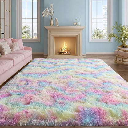 qulint 9x12 Area Rug for Bedroom, Large Soft Shaggy Rugs for Living Room, Fluffy Plush Rainbow Rug, Modern Colorful Carpet for Nursery Kids Room Dorm Home Decor Aesthetic (9ft x 12ft, Rainbow)