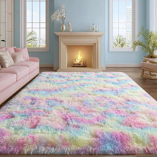 qulint 9x12 Area Rug for Bedroom, Large Soft Shaggy Rugs for Living Room, Fluffy Plush Rainbow Rug, Modern Colorful Carpet for Nursery Kids Room Dorm Home Decor Aesthetic (9ft x 12ft, Rainbow)