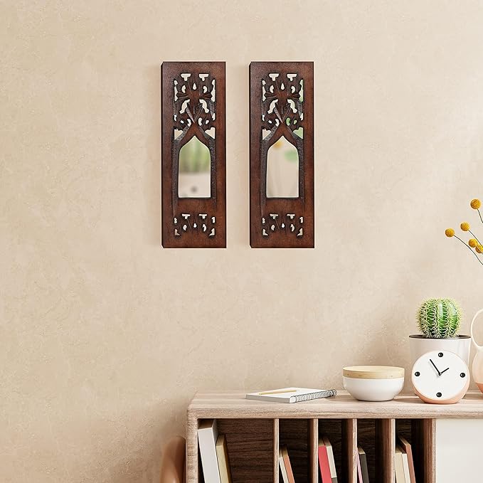 The Wooden Town Wall Hanging Plaques Wall Décor Jharokha With Mirror, Elegant Sculpture Wall Décor Panel to Enhance the Décor of Your Room or Office - 12x4 Inch - Burnt Set of 2