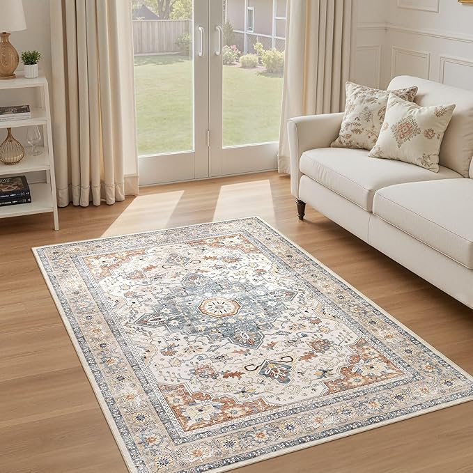 3X5 Rug Washable Area Rugs: Boho Neutral Vintage Soft Rugs Stain Resistant Distressed Farmhouse Non-Slip Indoor Floor Carpet for Entryway Closet Front Door Kitchen Bedroom Bedside Dorm- Beige Blue