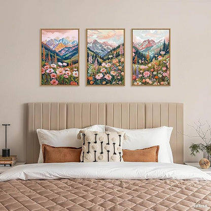Aryroi Boho Vibrant Spring Mountain Wildflower Framed Canvas Wall Art Set,Colorful Natural Flower Forest Wall Decor,Modern Pink Floral Botanical Landscape Artwork for Living Room,Office,Farmhouse- 24"x36"x3