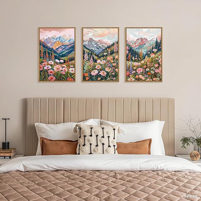 Aryroi Boho Vibrant Spring Mountain Wildflower Framed Canvas Wall Art Set,Colorful Natural Flower Forest Wall Decor,Modern Pink Floral Botanical Landscape Artwork for Living Room,Office,Farmhouse- 16"x24"x3