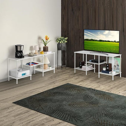 White TV Stand Bedroom with Power Outlets, Small Entertainment Center Stand with Open Storage Shelves for TVs up to 50 Inch, Wood TV Media Console Table with for Living Room, Bedroom