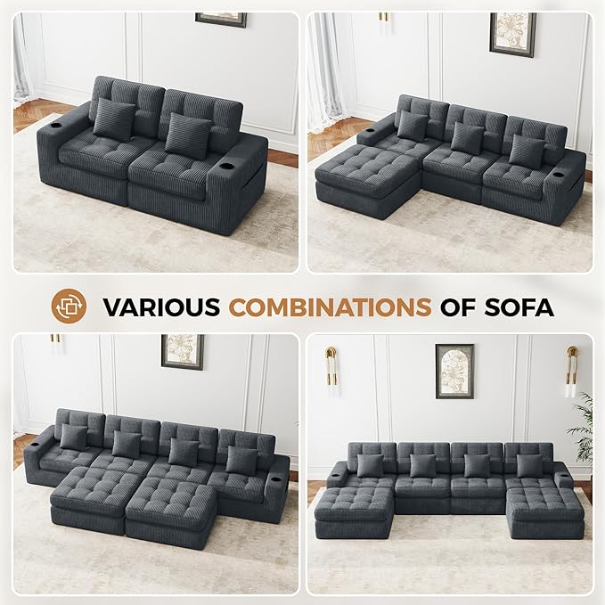 112" L Shaped Cloud Boneless Couch,Modern Modular Sectional Sofa with Layered Cushion,No Assembly Convertible Corduroy Couches for Living Room,Dark Grey 1 PCS