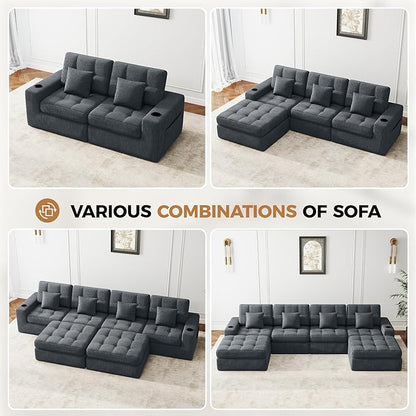 144" U Shaped Cloud Boneless Couch,Modern Modular Sectional Sofa with Layered Cushion,No Assembly Convertible Corduroy Couches for Living Room,Grey 1 PCS