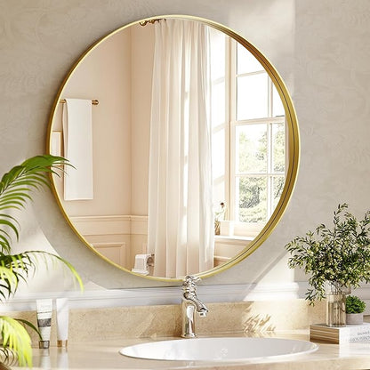 30 inch Round Bathroom Mirror, Gold Metal Deep Frame Wall Mounted Circle Mirror for Wall Decor, Living Room, Vanity, Entryway, Hanging or Leaning