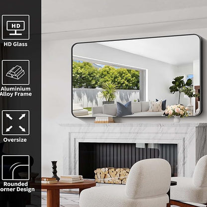 Bathroom Mirror, 30"x55" Black Rectangle Wall Mirror, Metal Frame Rounded Corner Vanity Mirror, Large Wall Mounted Mirror for Modern Bedroom Living Room Horizontal Or Vertical Mounting