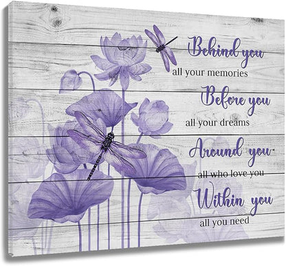 LB Purple Floral Inspirational Wall Art Flower and Dragonfly on Wood Board Canvas Wall Art Motivational Wall Decor for Living Room Bedroom Bathroom Home Framed Ready to Hang 12L x 16W Inch