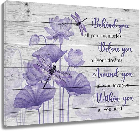 LB Purple Floral Inspirational Wall Art Flower and Dragonfly on Wood Board Canvas Wall Art Motivational Wall Decor for Living Room Bedroom Bathroom Home Framed Ready to Hang 12L x 16W Inch