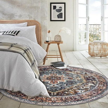 KOZYFLY Round Rug 6 Ft Rugs for Entryway Washable Circle Rug Non Slip Round Living Room Rugs Printed Faux Wool Round Dining Room Floor Carpet Floor Carpet for Entryway, Bedroom, Brick Red/Orange/Green