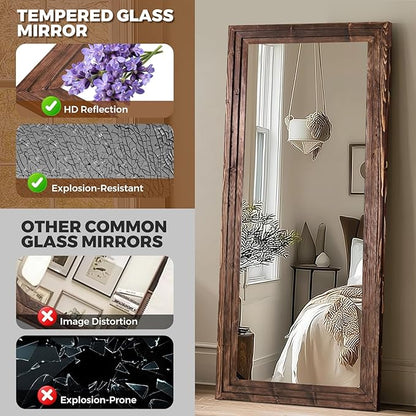 Full Length Wood Mirror 71x30 - Rustic Solid Wood Floor Mirror with Triple Layer Frame, HD Tempered Glass, Wall Mounted or Leaning Standing Mirror Vintage Brown Mirror for Bedroom Bathroom Living Room