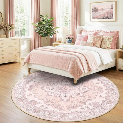RELEANY Area Rugs Round 8ft Washable Non-Slip, Floral Vintage Distress Print Pattern Medallion Carpet for Living Room Bedroom Dining Room, Pink Greypink Cute