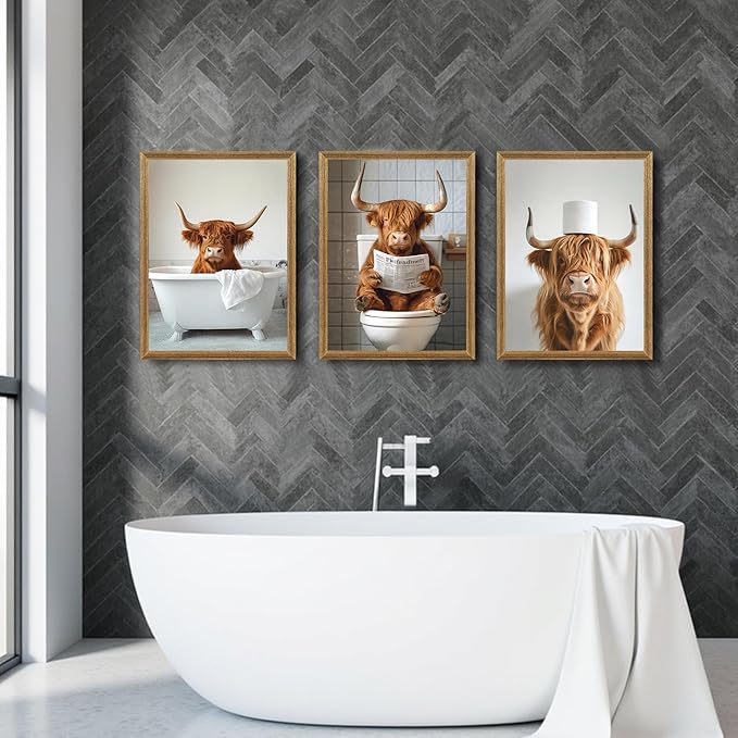 FYLDPSB 3Pcs Framed Highland Cow Bathroom Canvas Wall Art, Funny Bathroom Signs Animal Wall Decor, Rustic Cute Bathroom Poster Prints for Bathroom Restroom Decor 24''L x 16''W