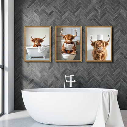 FYLDPSB 3Pcs Framed Highland Cow Bathroom Canvas Wall Art, Funny Bathroom Signs Animal Wall Decor, Rustic Cute Bathroom Poster Prints for Bathroom Restroom Decor 24''L x 16''W