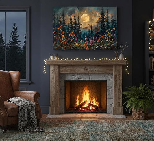 Full Moon Forest Canvas Wall Art Moonlit Pine Tree Mountains and Wildflowers Woodland Nature Landscape Picture Wall Decor Poster Print Artwork for Bedroom Living Room Home Decoration