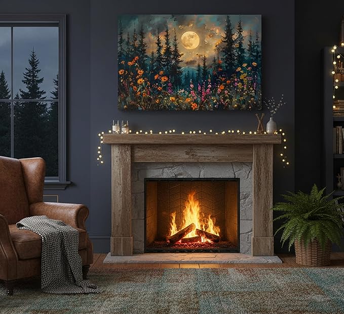 Full Moon Forest Canvas Wall Art Moonlit Pine Tree Mountains and Wildflowers Woodland Nature Landscape Picture Wall Decor Poster Print Artwork for Bedroom Living Room Home Decoration