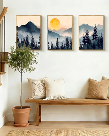 PHOPAGO Blue Fog Pine Tree Mountain Landscape Framed Wall Art Retro Watercolor Nature Misty Forest Artwork Paints Sun Rise Rustic Farmhouse Home Decor - 12x16in Natural Framed